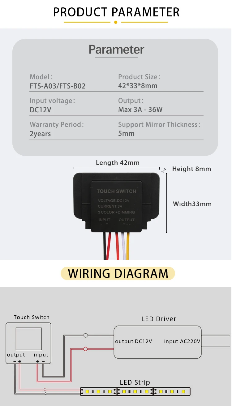 LED-Spiegel Smart 12V 3A 36W Make-up-Badezimmerspiegel Dimmer Beleuchteter Einfarbiger Ein-Touch-Sensor-Schalter – Detail 4