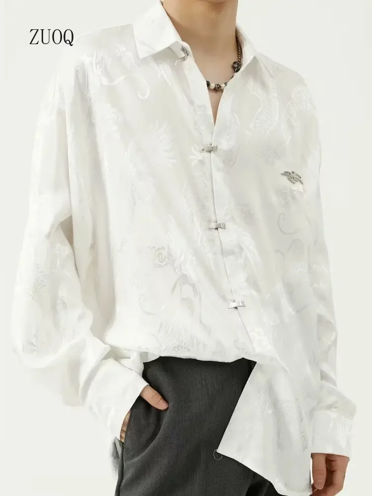 2025 New Chinese Style Dragon Pattern Shirt Men Jacquard Silk Shirt for ManCasual Metal Buckle Dull Black Aesthetic Loose Blouse