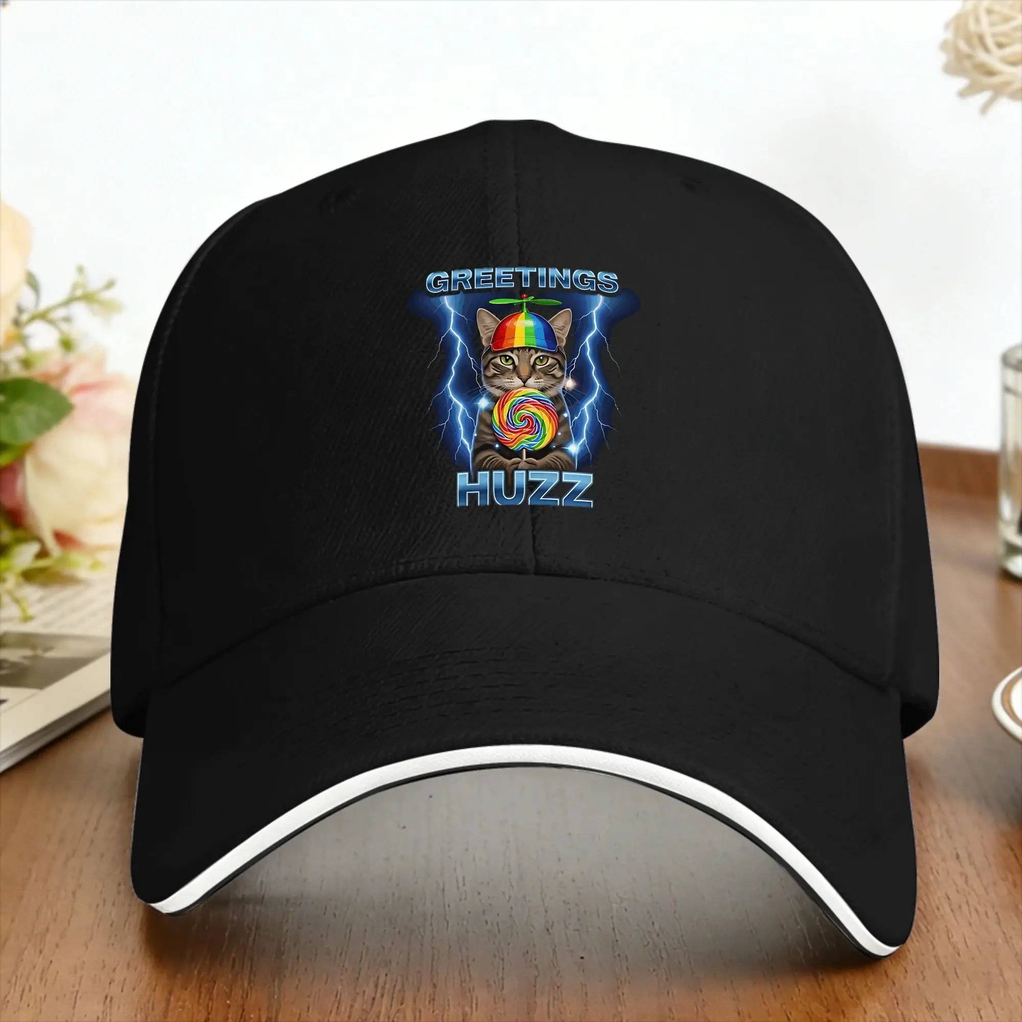 Lollipop Cat Meme Greetings Huzz Funny Silly Cats  Baseball Cap  Tennis Skate Sunscreen Trucker Hat Street Style Baseball Caps