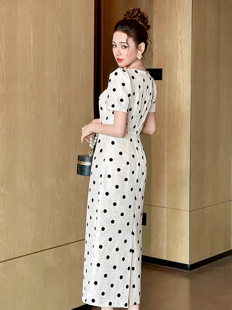 Nieuwe Zomer Vrouwen Retro Dot Parel Vierkante Hals Midi Kokerjurk Elegant Kantoor Formele Gelegenheid Gewaad Party Prom Slanke Dames Casual