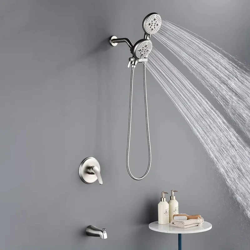 

New Wall mounted rain shower faucet set brass hot cold water concealed dual head rainfall shower trim kit with tub spout,Brushed