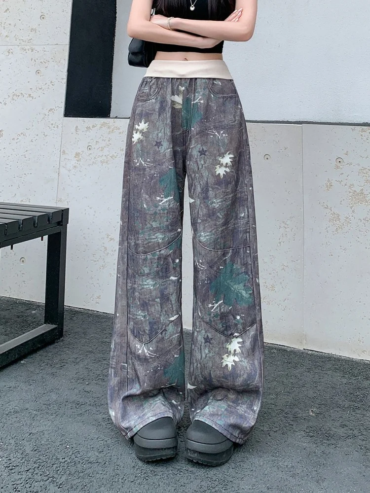 2026 Trend Y2K Style Vintage Camouflage Elastic Waist Baggy Women's Jeans Pants For Woman Clothing Gothic Casual Long Trousers