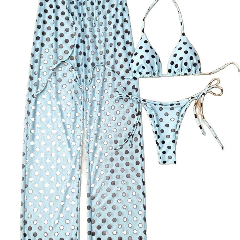 Sexy Polka Dot Bikini Set For Women 2026 Summer, Tie-Front 3 Piece Swimwear With Long Pants, Push-Up Halter Bathing Suit Tankini