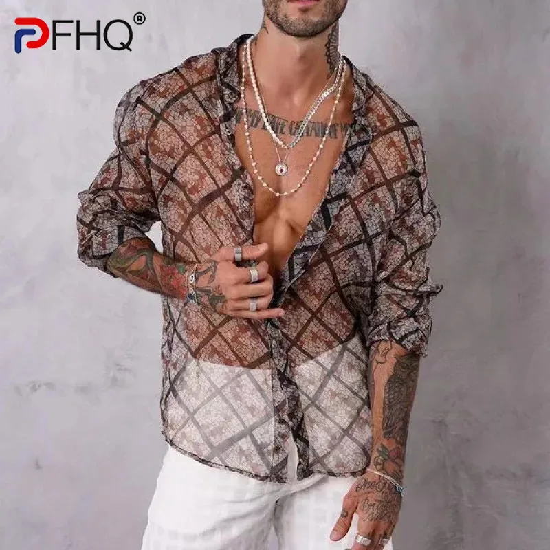 

PFHQ Sexy Summer Elegant Men's Perspective Shirts Long Sleeve Light Luxury Tide Breathable Cool Versatile Original Tops 21Q7182