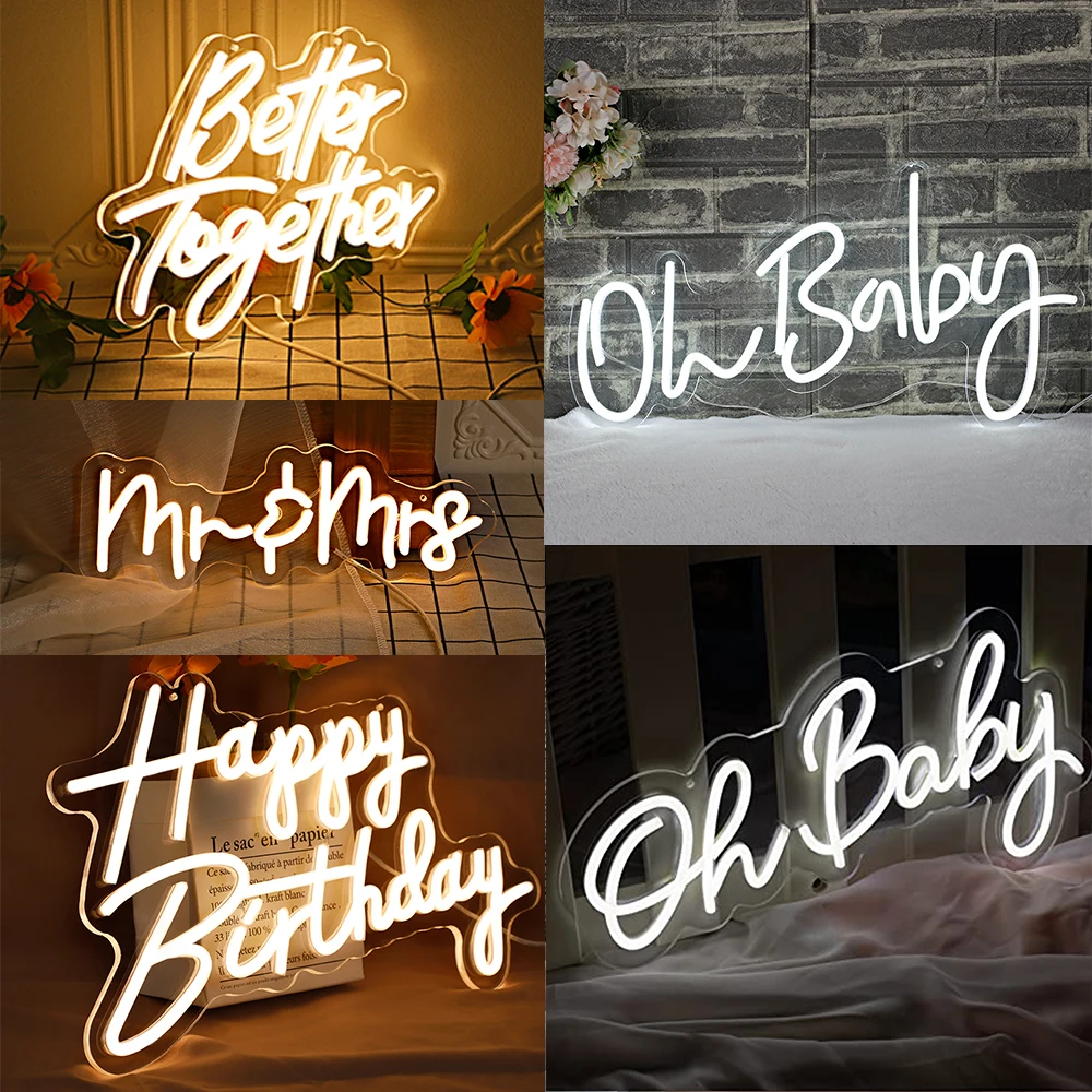 

Led Neon Sign Happy Birthday Neon Sign Transparent Flexible Acrylic Night Light Oh Baby Wedding Party Room Decoration