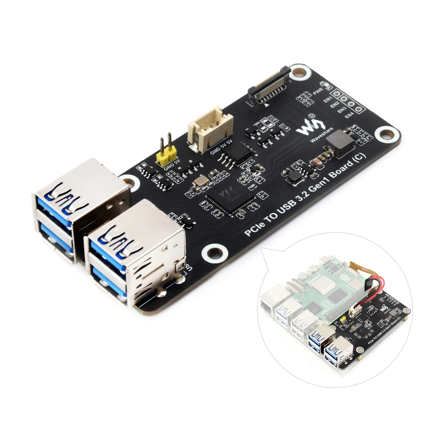 

Waveshare PCIe To 4-Ch USB3.2 Gen1 Board (C) For Raspberry Pi 5, Up To 5Gbps Driver-Free, Raspberry Pi 5 PCIe Adapter