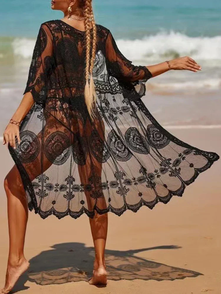 新しいレースビキニカバーアップ女性ビーチカバーアップシースルー刺繍夏の新ファッション女性のクラシックオープンステッチビーチウェア