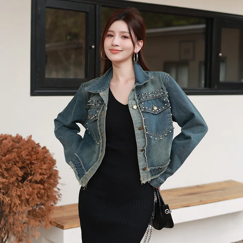 

Women's Spring Autumn New Beaded Short Denim Coat Outer Wear Cowboy Jackets