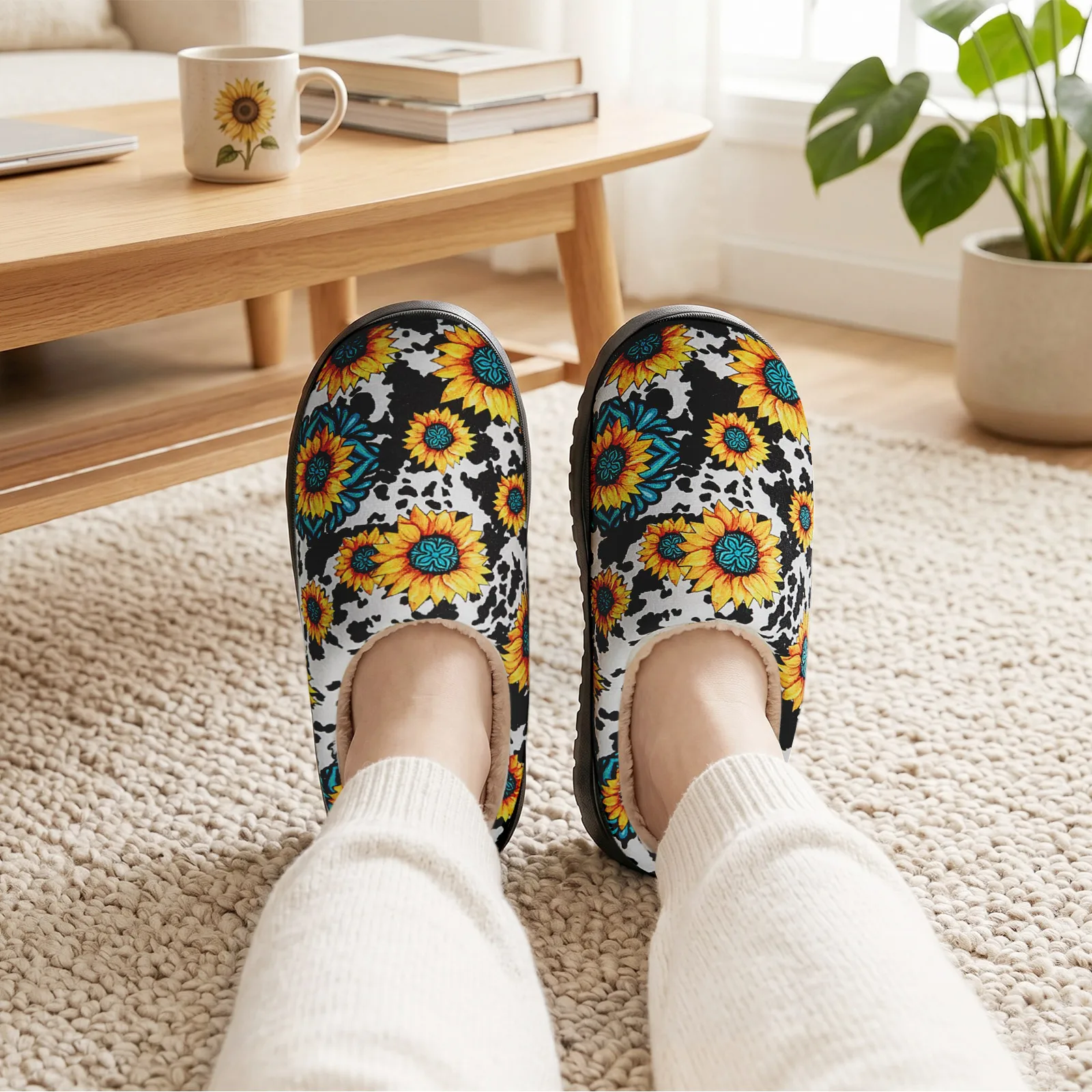 Women's Fuzzy House Slippers Memory Foam Sunflower Cow Print Warm Cozy Indoor Outdoor Slip On Non Slip Bedroom Shoes for Women