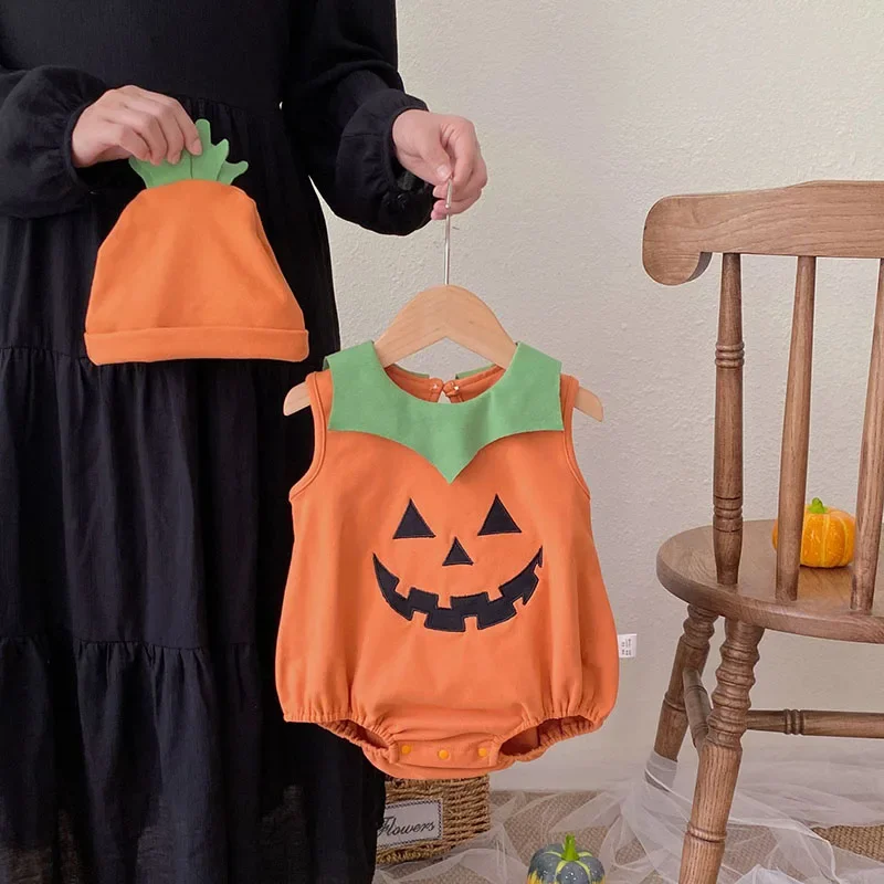 

MILANCEL New Halloween Day Baby Bodysuit 3-24M Cartoon Pumpkin Sleeveless Girls One Piece with Hat Toddler Cute Thin Clothes