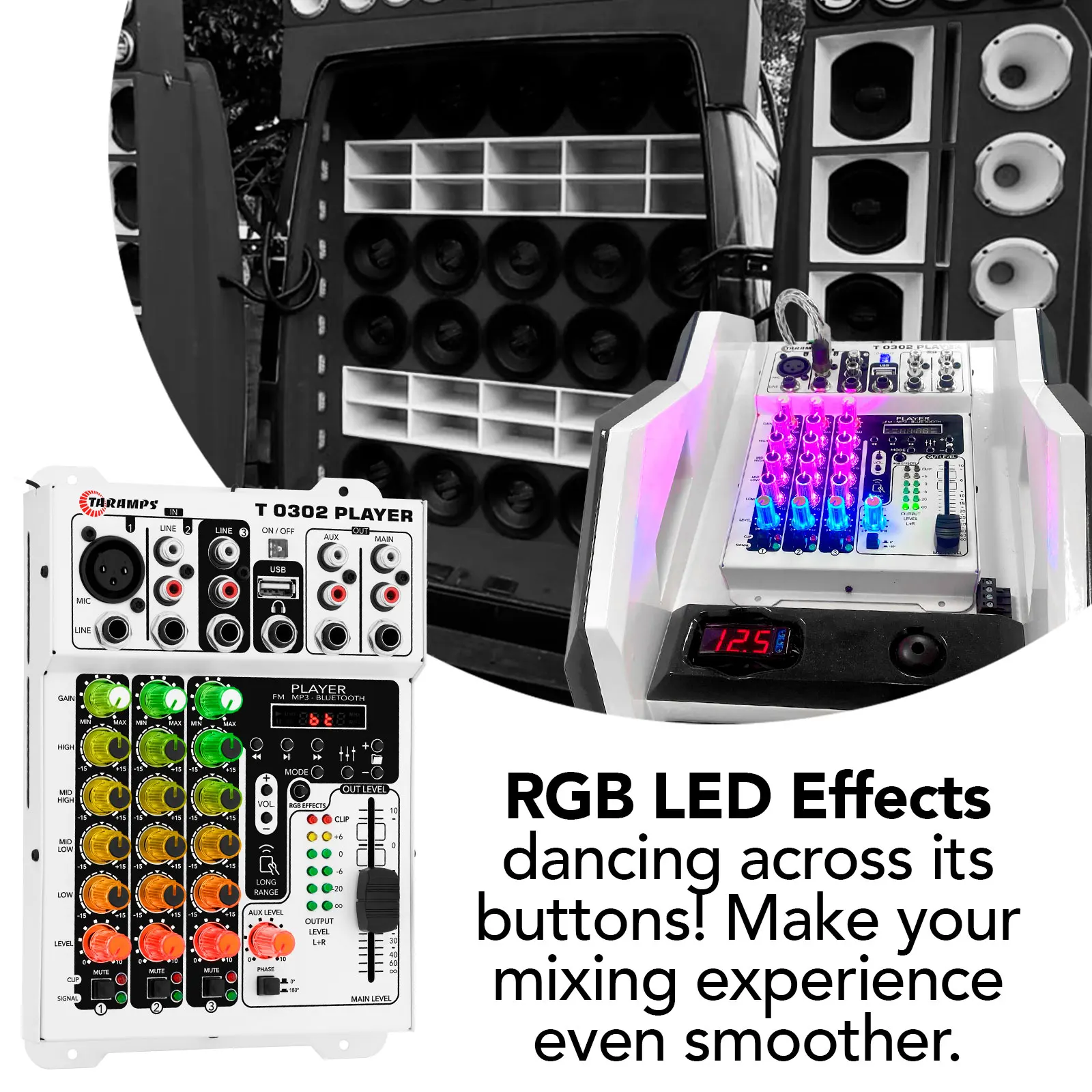 Taramps Audio Mixer T0302 Player 3 Input and 2 Output Channel 72 RGB LED With Remote Control USB FM MP3 DJ Mixer Bluetooth Sound