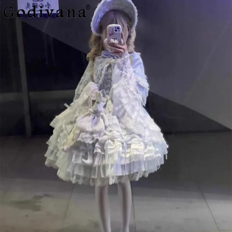 

Blue Lolita Wedding Birthday Dress for Women Grown Up Ceremony Strap JSK Dress Female Lolita Love Fairy Princess Dress