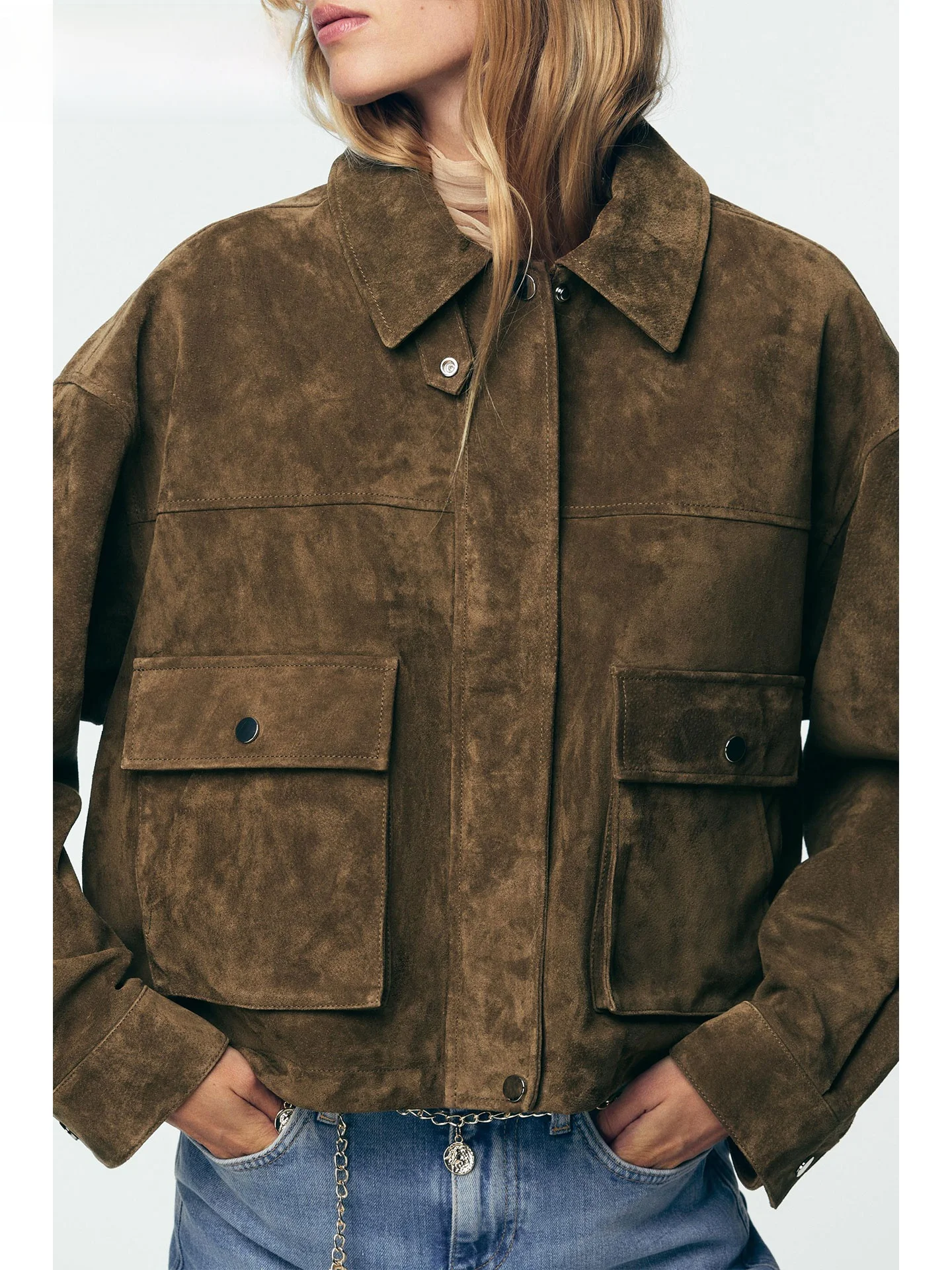 ZAPRHA 2025 Autumn Faionable Leather Pilot Collar Long Sve Jaet Outerwear Versatile Women's Casual Sle ort Coat