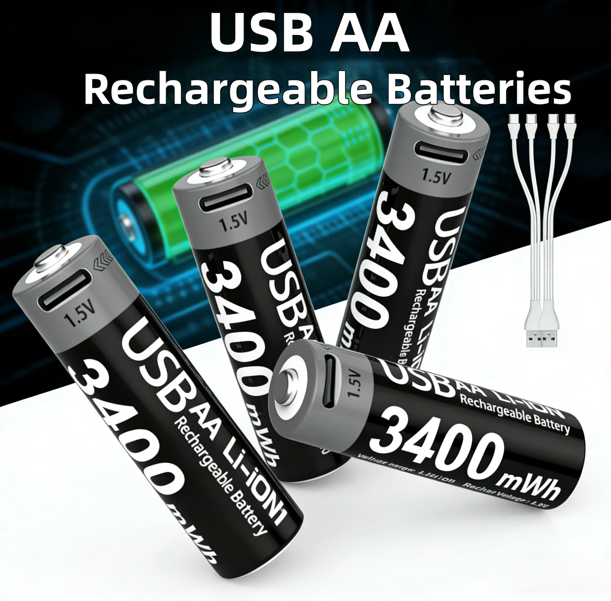 

USB Rechargeable Li-ion AA/AAA Batteries, 1.5V 3400mWh AA & 1100mWh AAA, Fast Charging, for Remote, Mouse, Toys