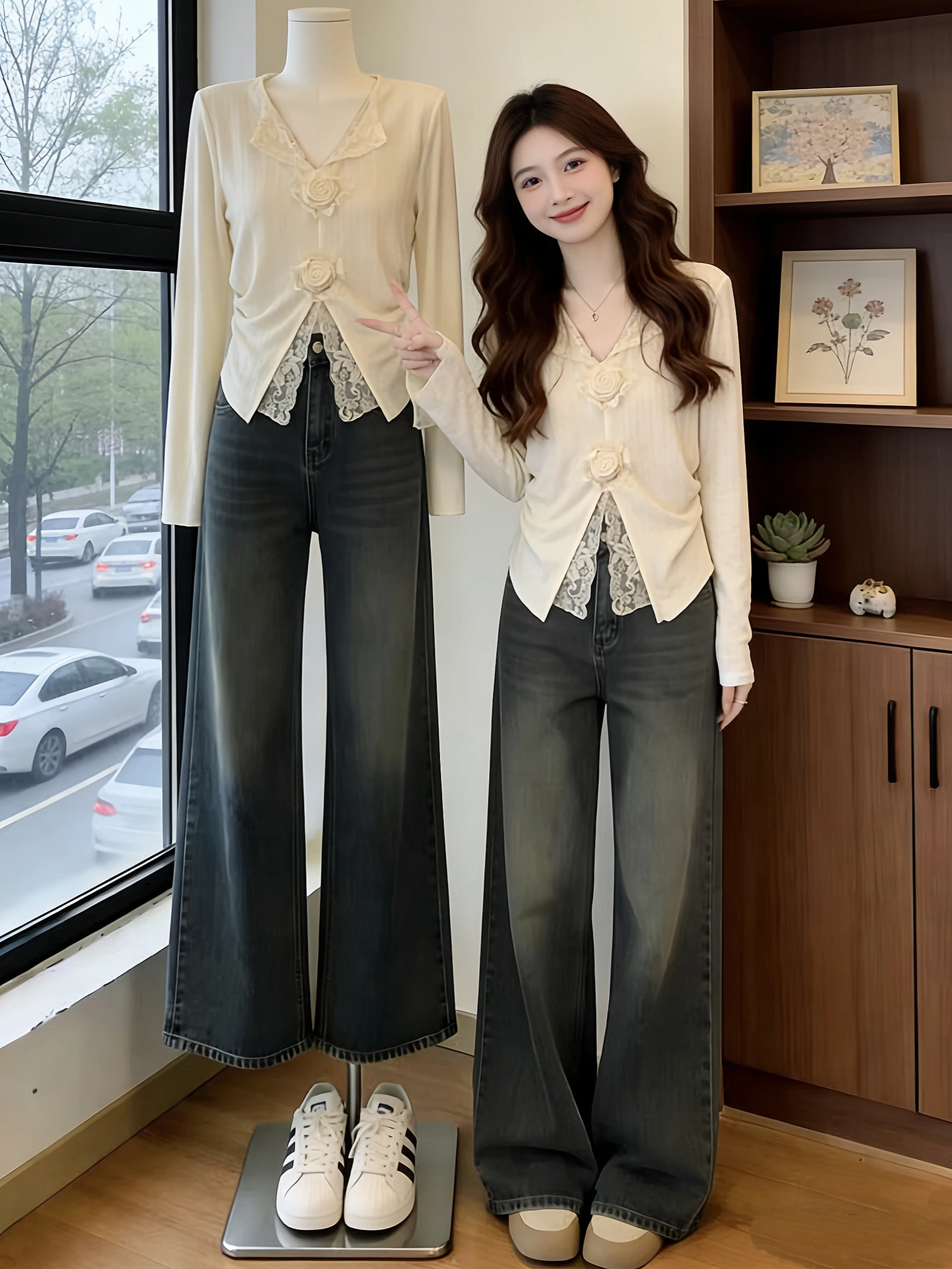 Lace Trim V-Neck Long Sleeve T-Shirt Women's plus Size Spring Fashionable Bell Sleeve Top Korean Style Commute Wind Loose Fit
