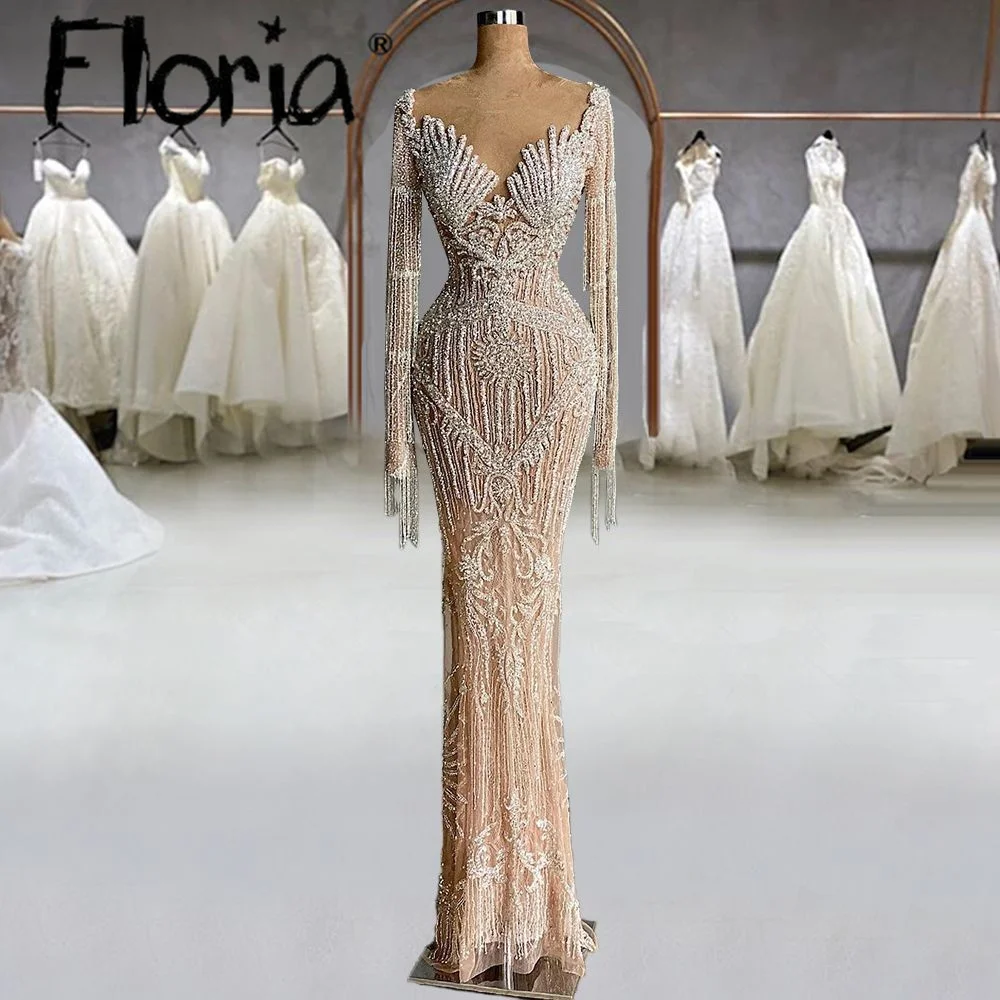 

Light Champagne Heavy Tassel Evening Dress Dubai Long Sleeve Mermaid Wedding Party Gowns Arabic Newest Formal Prom Gowns Custom