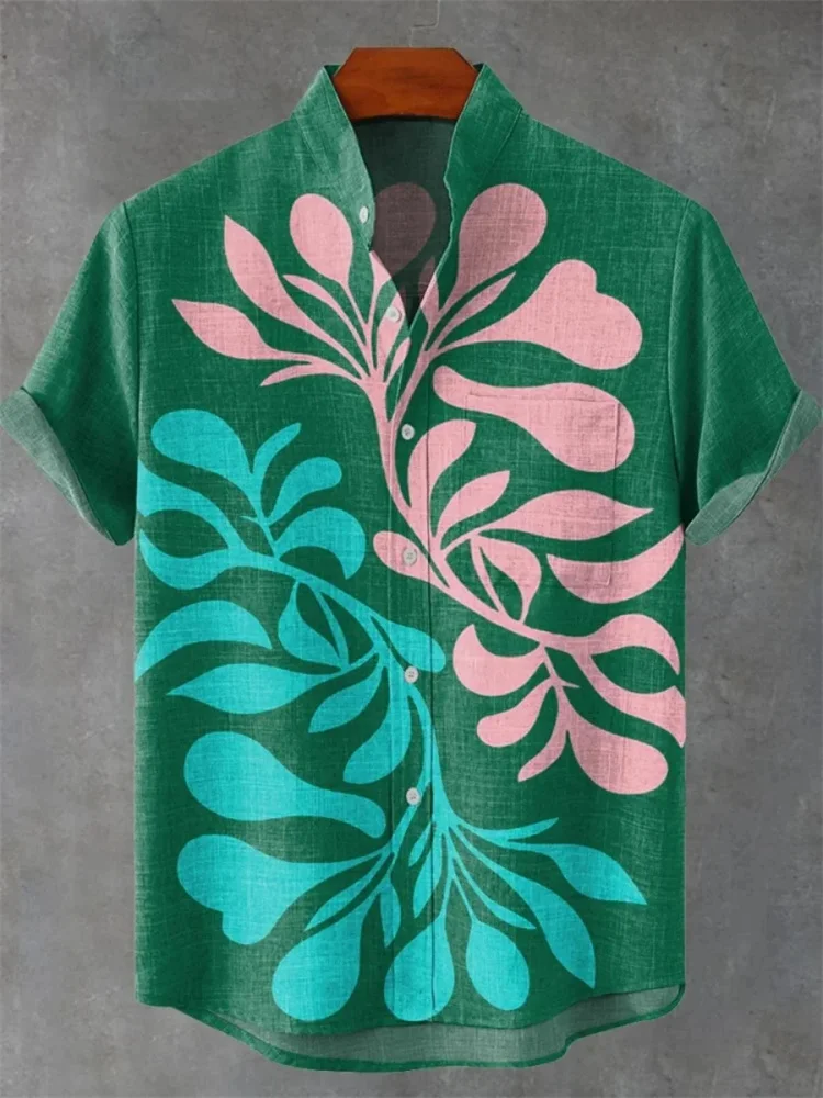 New Men's Striped Linen Short Sleeve Shirt Comfortable Stand Collar Button Shirt Hawaiian Shirt Fast Shipping