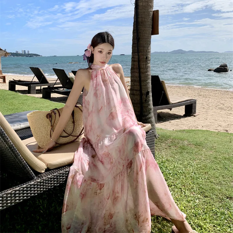 O-Neck Elegant Women Summer Loose Dress Vacation Pink Floral Fairy Lolita Dresses Popular Bow Long Grunge Sleeveless Robe 2024