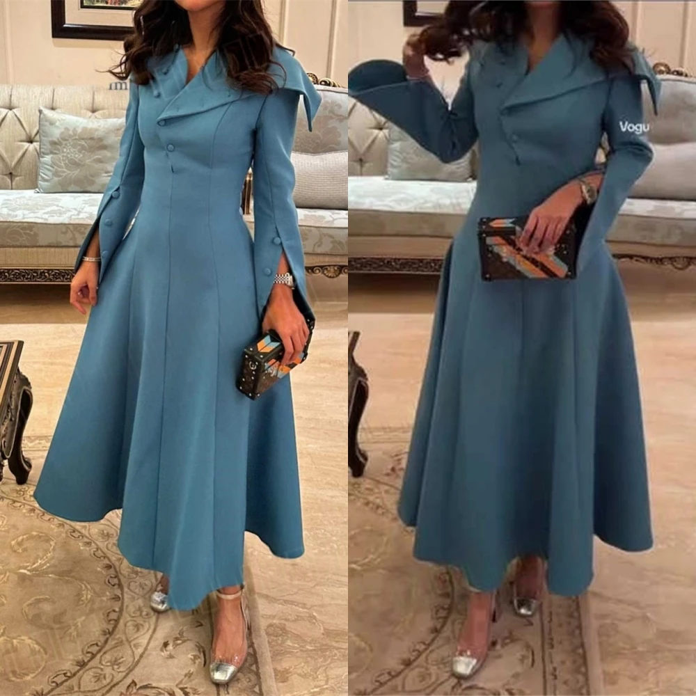 

Customized Fashion Jersey V-Neck Evening Dress Classic Long Sleeves Cocktail Dress Temperament Buttons Special Occasion Gowns