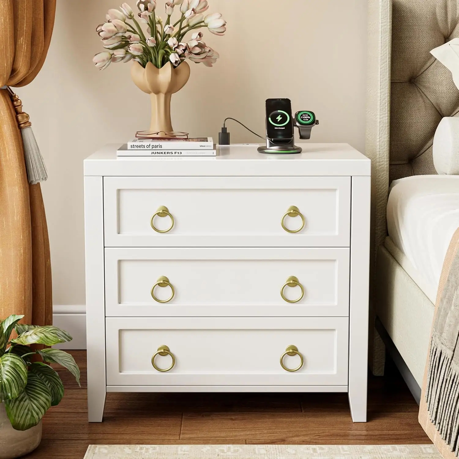 

23.6 Inch Night Stand with Charger Station and USB-C Port, 3 Drawer Nightstand, Larger Wider Bedside Table, Modern Side End T
