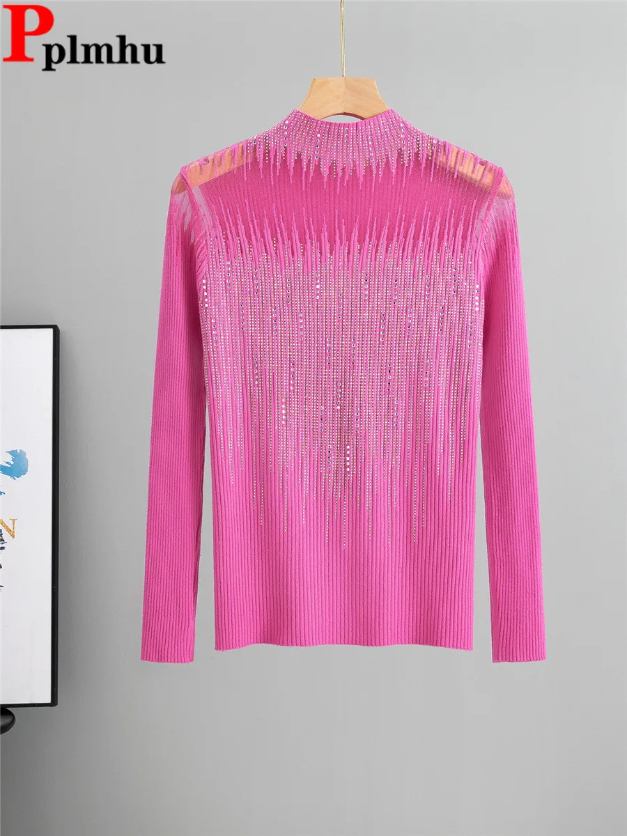 

Rhinestone Half Turtleneck Knitted Sweater Chic Design Knitwears Long Sleeve Pullover Tops Women Casual Sueter Blusas 2024 New