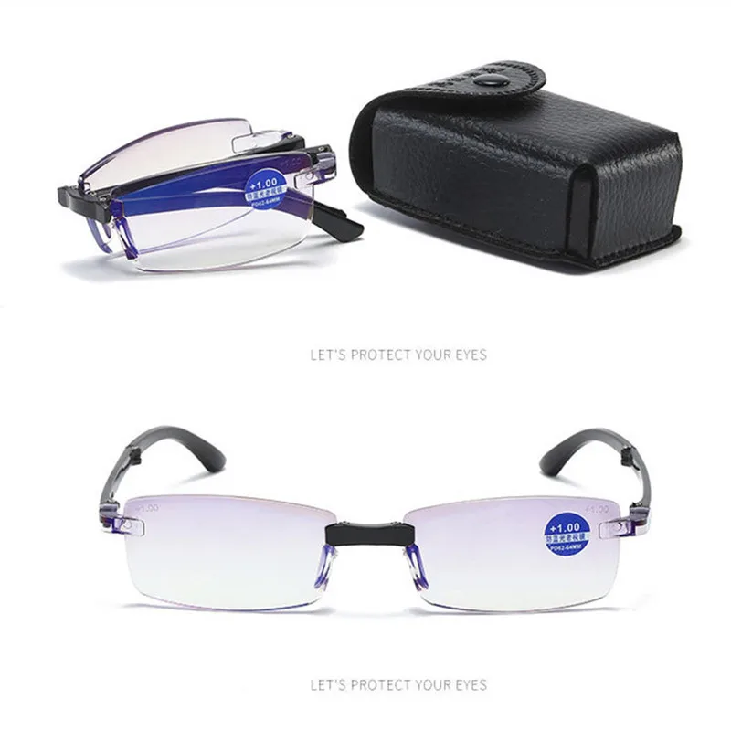 Men Reading Glasses Anti-Blue Light Glasses Folding Reading Glasses with Case Black HD Unisex Clear Glasses