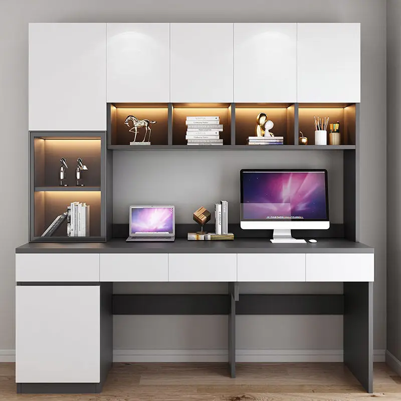 Double desk bookshelf integrated table light luxury desk computer desk home desktop writing table