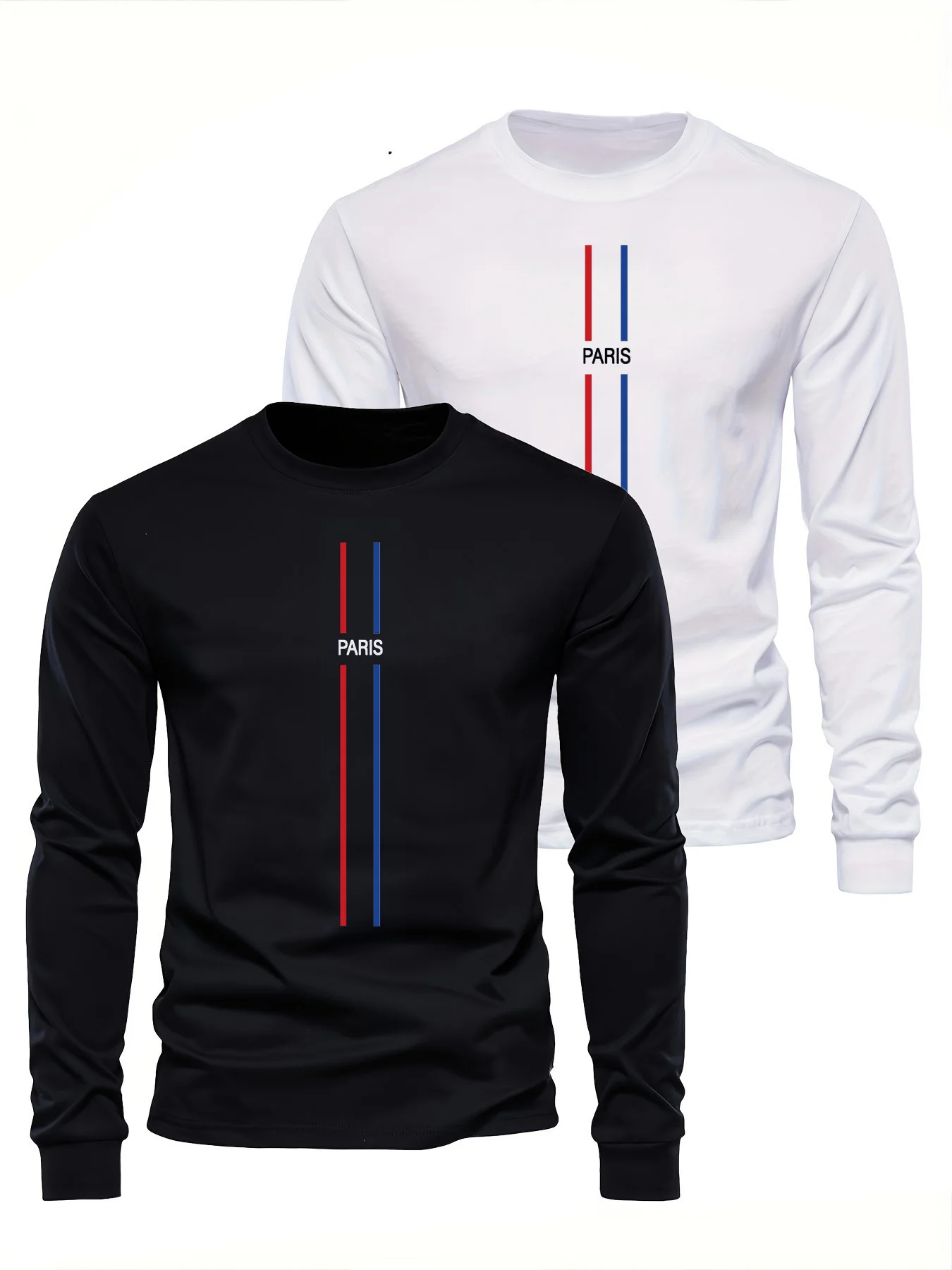 Męska koszulka z długim rękawem, okrągły dekolt, luźny krój, wzór Paryża, nadruk, uniwersalna, na wiosnę i jesień, wykonana w 100% z czystej bawełny.