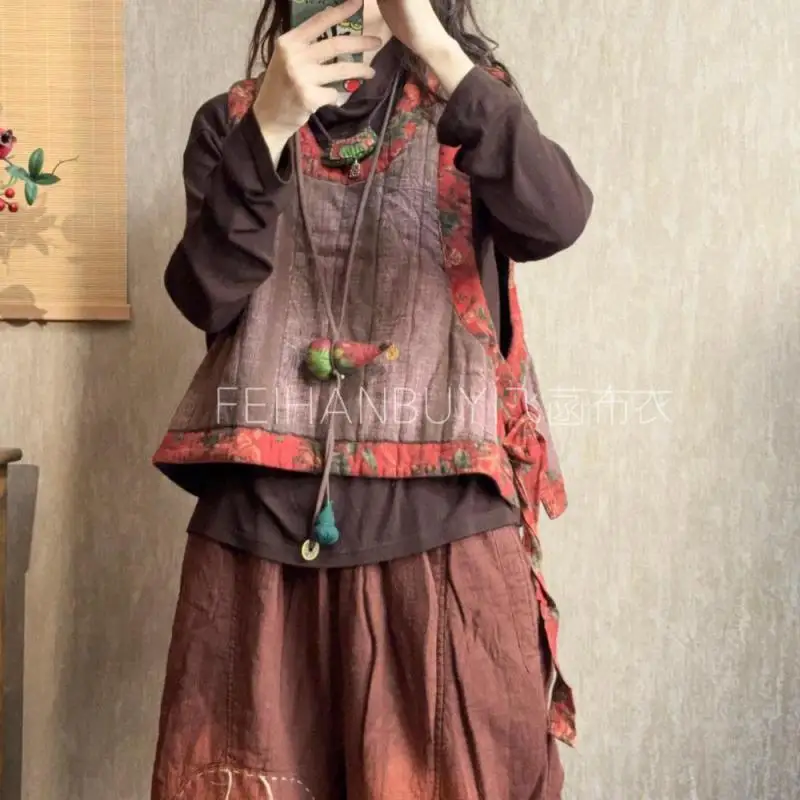 

Осенний художественный стиль, женские винтажные короткие пальто без рукавов с круглым вырезом, лоскутный дизайн, хлопковый льняной свободный жилет с боковой шнуровкой, высокое качество