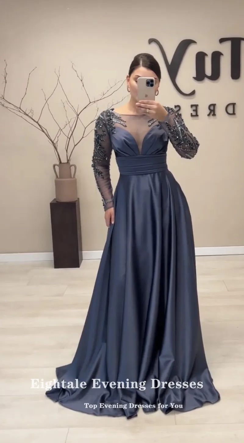 Eightale Dubai Evening Dresses for Wedding Satin Beaded Long Sleeves Prom Gowns Arabic Customized Party Dress robes de soirée