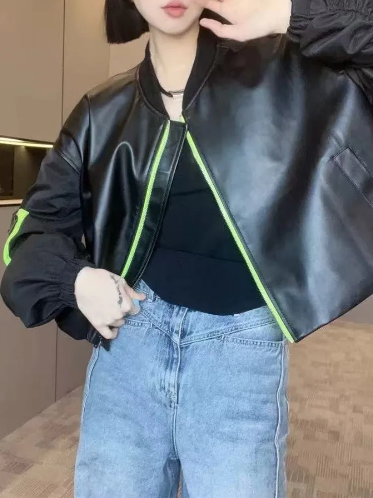 Leisure Style Ladies Solid Color Genuine Leather Jacket Loose Sheepskin Pocket Zipper Long Sleeves Top Quality Outerwear