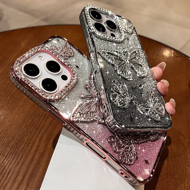 Cute Cartoon 3D Butterfly Diamond Case for iPhone 16 15 14 13 12 11 Pro Max Plus Glitter Gradient Plating Soft Shockproof Cover