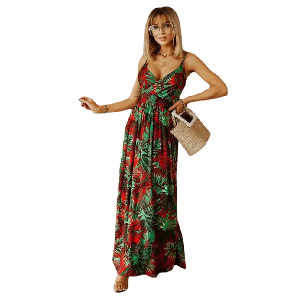2025 New Summer Ladies Beach Casual Backless Long Dress Women's Robe Suspenders Sexy Thin Straps Floral Boho Long Dress Women
