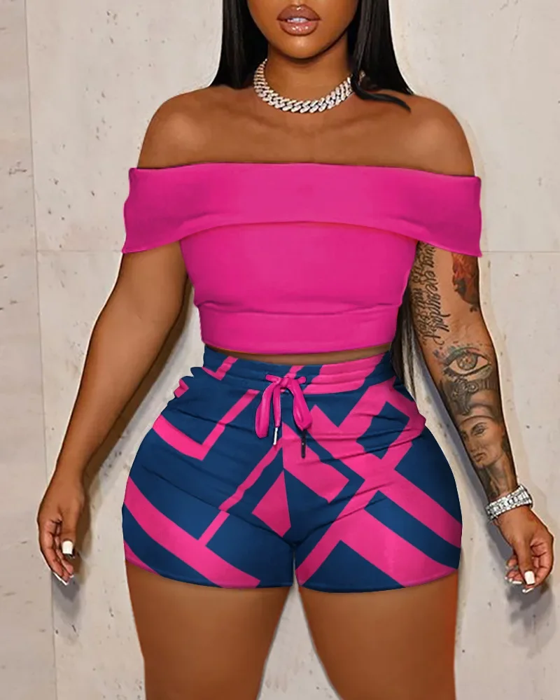 Summer Two Piece Sets Womens Outifits Fashion Off Shoulder Crop Top and Geometric Print Shorts Set Women Tracksuit Clothes