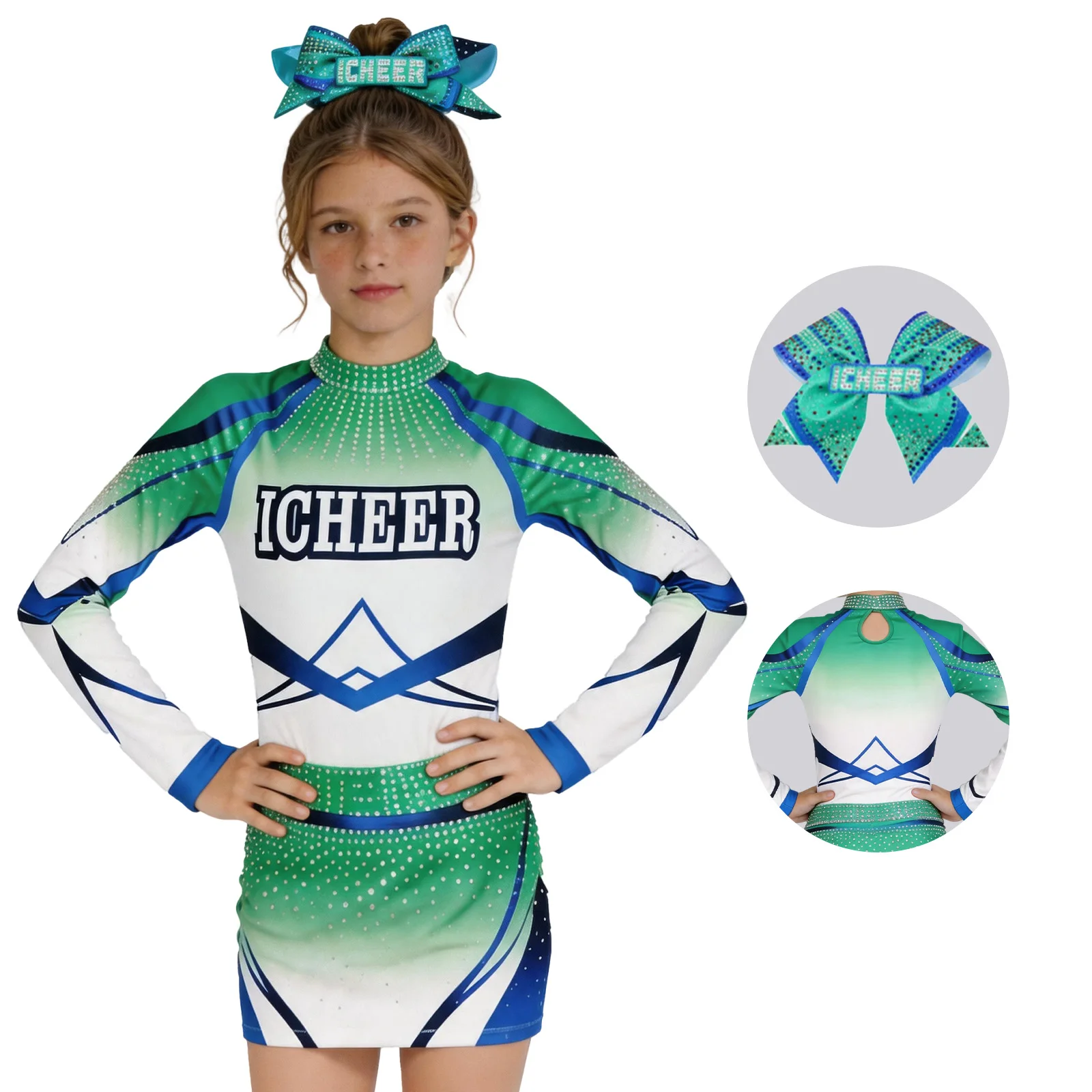 

Sparkly Rhinestone Girls Cheerleader Costume Gradient Green Blue Long Sleeve Cheer Uniform Skirt Set With Bow Kids Cheerleading