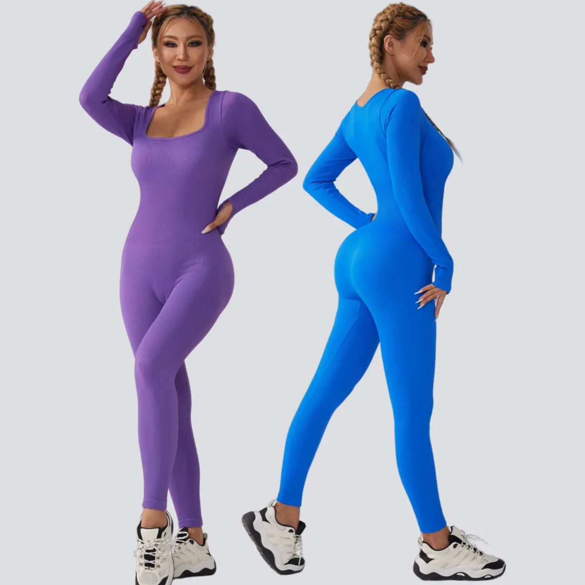 Ropa de yoga de manga larga sin costuras para mujer, pantalones de fitness de una pieza, cuello cuadrado, Europa y Estados Unidos, Otoño e Invierno