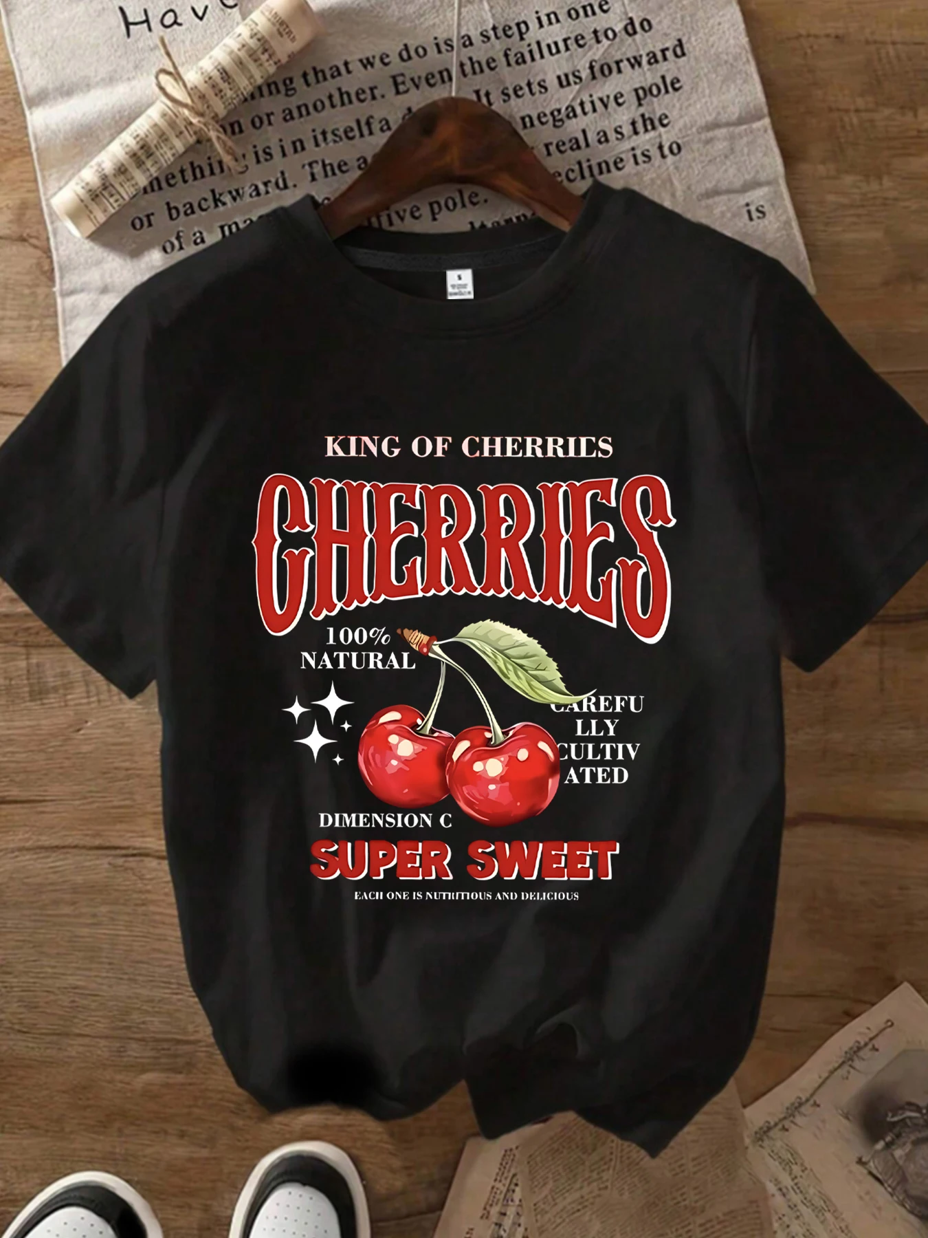 

Cherry Plus size women's round neck short sleeve T-shirt with elastic half sleeves and trendy prints