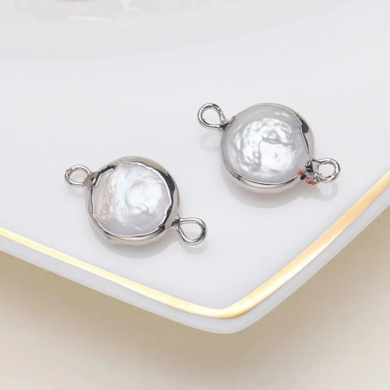1PC Natural Freshwater Pearl 11-12mm Pendant Connector Baroque Round Flat Double-hole Button Bead Edging DIY Jewelry Accessories