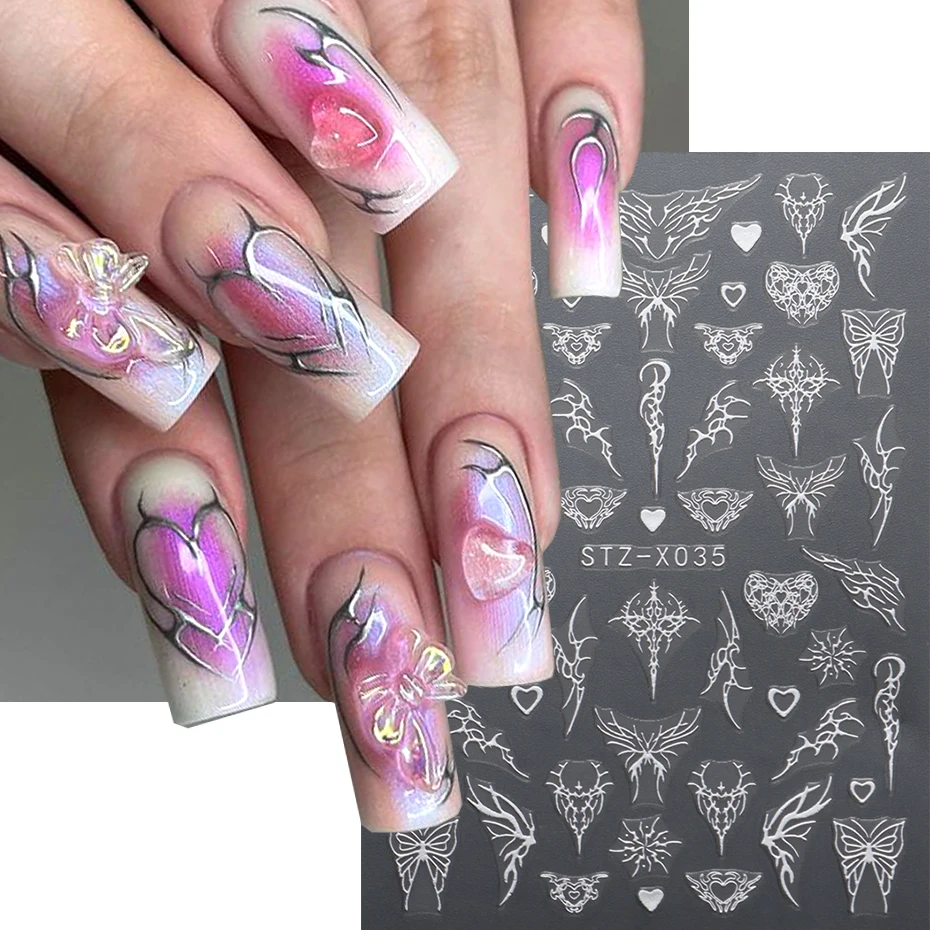 Metal Butterfly Y2K Nail Stickers 3D Chrome Sliver Thorns Heart Wings Star Moon Swirl  Nail Art Decal Manicure Decoration