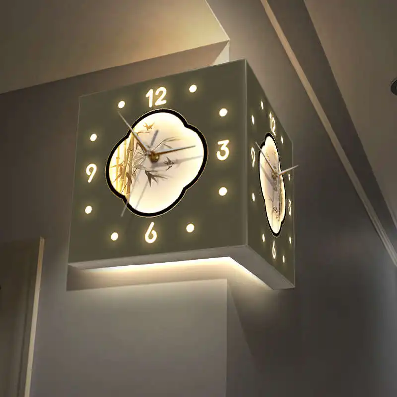 ไม้ไผ่ปลอดภัยห้องนั่งเล่นมุมนาฬิกาแขวนสองด้าน Creative NO punching ง่ายนาฬิกาไม้ไผ่นาฬิกาแขวนโคมไฟติดผนังภาพวาด