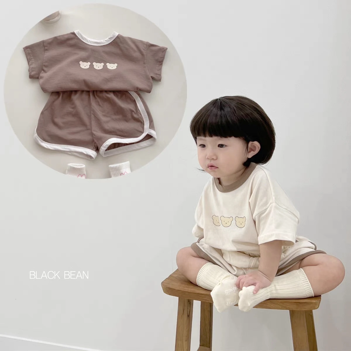 Full Print Little Bear Tees +shorts Boys And Girls Cute Cotton Fashion Crew Neck Pullover Short Sleeve Home Clothes 2pcs Suits