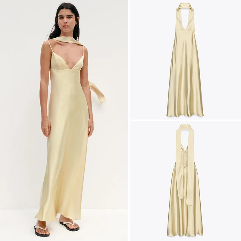 

Шелковое атласное платье с высокой талией и шарфом, новое летнее женское модное длинное платье-компант для банкета