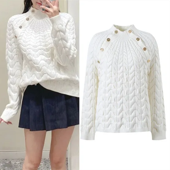 เสื้อสเวตเตอร์ถักแฟชั่นสำหรับผู้หญิงรุ่นไฮเอนด์ รุ่น M สีน้ำเงิน แต่งปลายแขนแบบบิดเกลียว 3 มิติ ความยาวปกติ