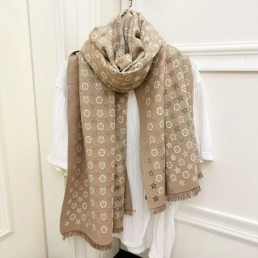 2025 bufanda nueva para mujer, chal de Cachemira de imitación cálido y versátil de gama alta, envolturas de doble cara para negocios florales simples de invierno