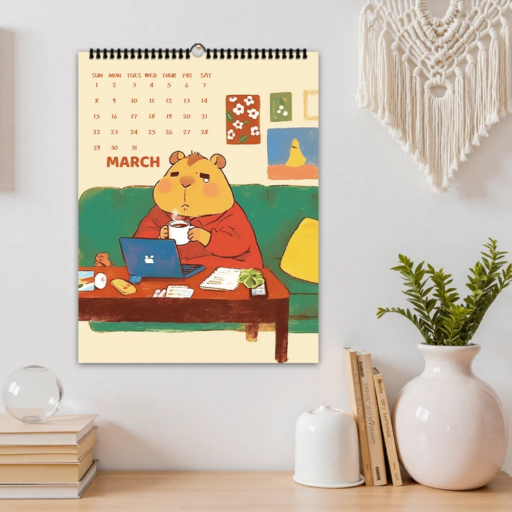 1pc 2026 Calendar,Cartoon Hand-Drawn Capybara,12 Beautiful Designs,Wall Calendar,Perfect Gift for Birthdays, Christmas, New Year