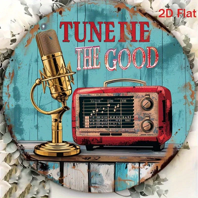 Arte de pared de aluminio rústico redondo, decoración al aire libre para el hogar, garaje, cafetería, amantes de la música, decoración de radio vintage | Decoración artística de pared de metal