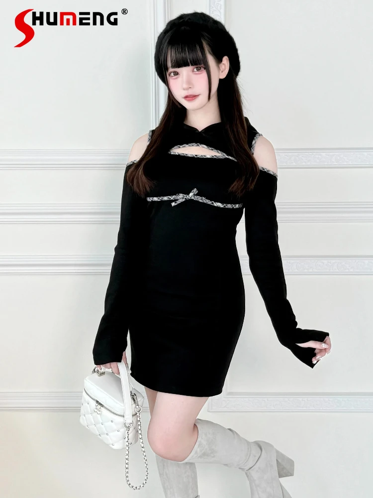 Vestido moletom original estilo japonês produzido em massa, ombro de fora, manga comprida, laço, cintura alta, bodycon, vestido curto com capuz feminino