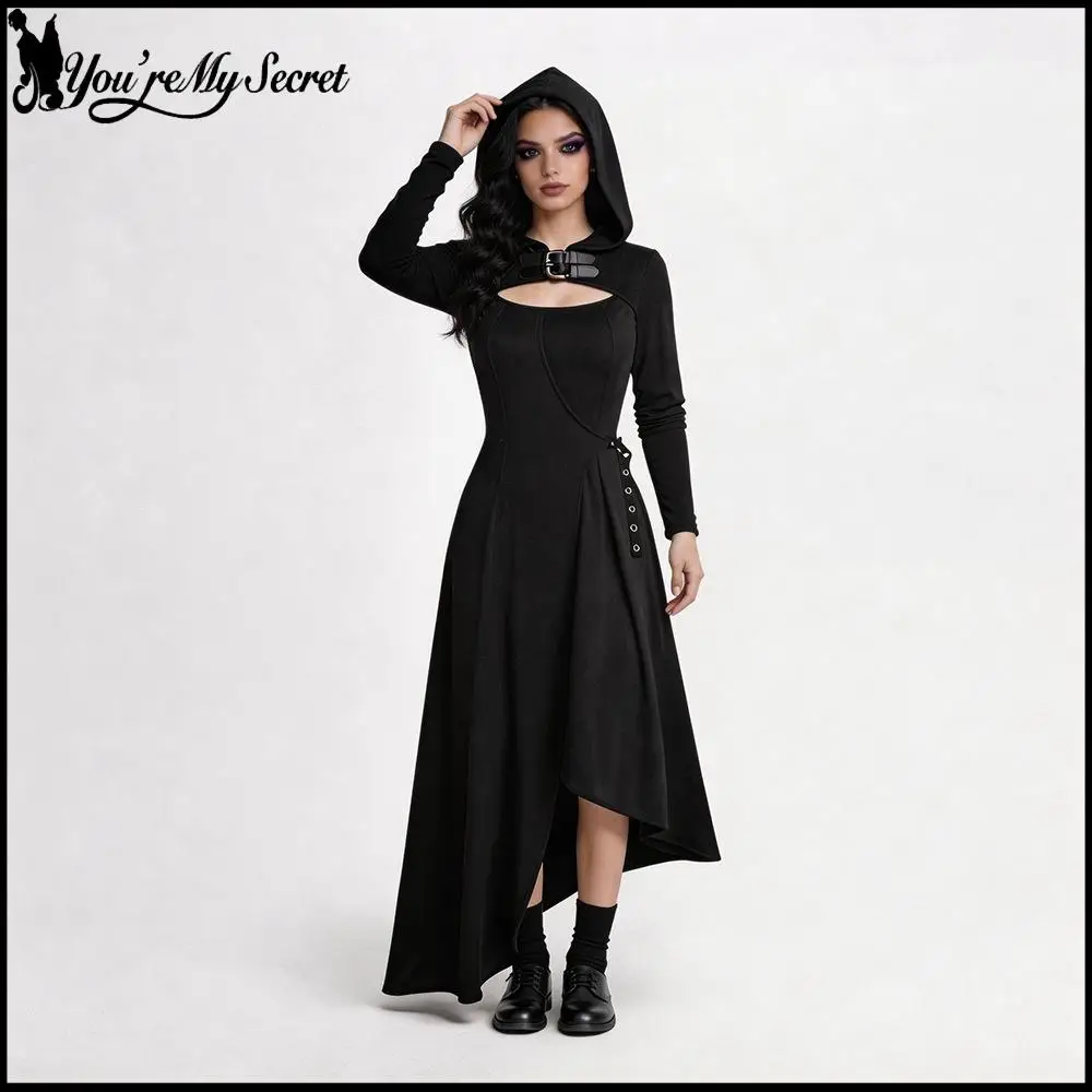 

Gothic Hoode Long Dress Women Witch Corset Asymmetrical Hem Dress Punk Style Leather collar Gown Halloween Qeen Stage Costumes