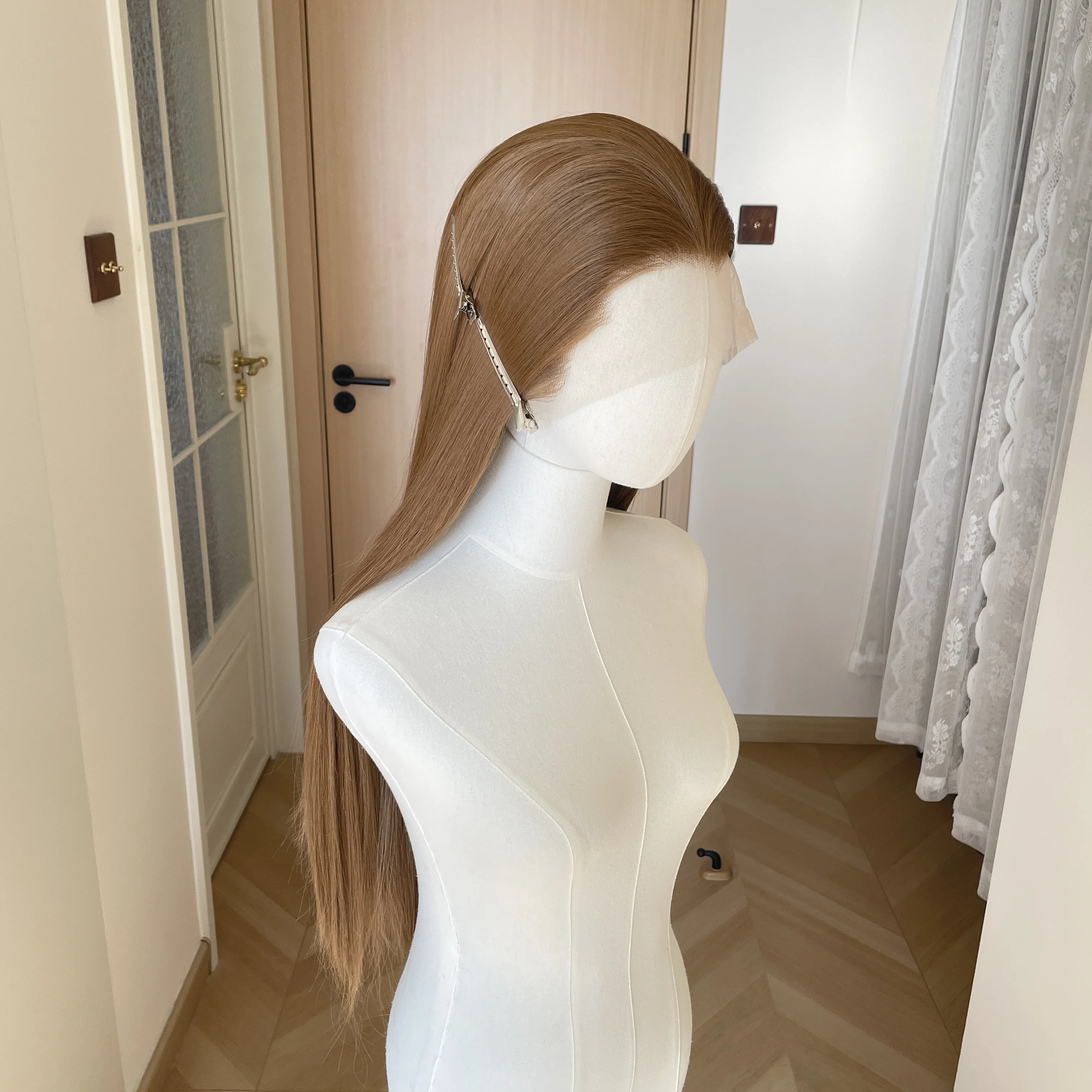 Widow‘s Peak Dark Honey Brown 13x4 Lace Front Wigs Women 26 Inch Long Straight Synthetic Cosplay Wigs for Men Glueless Halloween