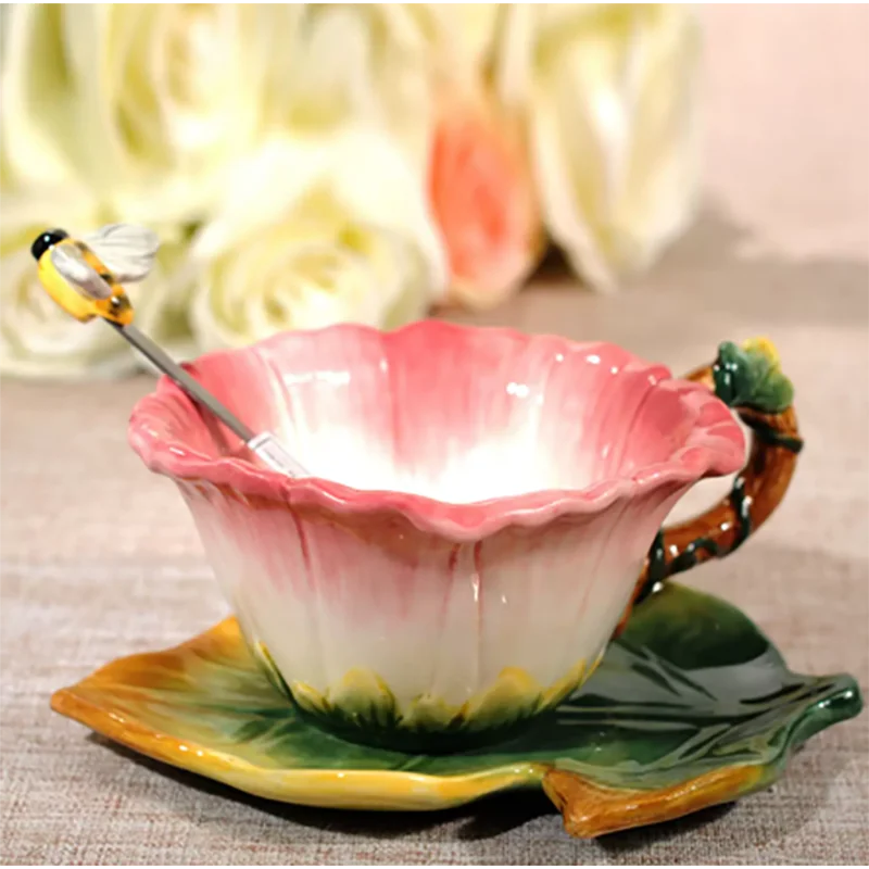 European Ceramic Coffee Cup Saucer Spoon Sunflower Mug Embossed Flowers Afternoon Tea Floral Tea Coffee Cup Breakfast Juice Mug